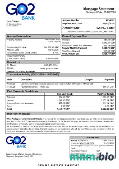 Zjednoczone Królestwo GO2 Bank wyciąg z kredytu hipotecznego w formatach Word i PDF